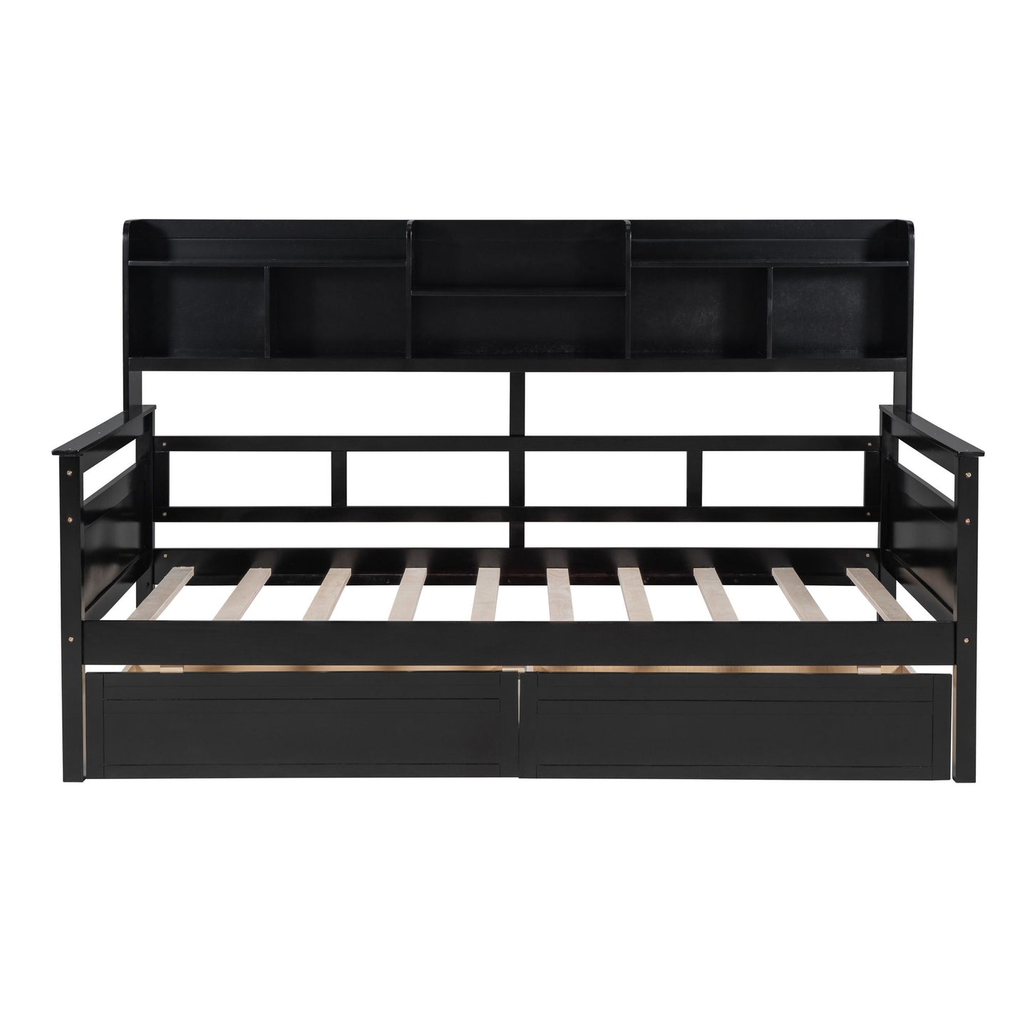 Twin Size Daybed, Slat Support, With Bedside Shelves And 2 Drawers - Espresso