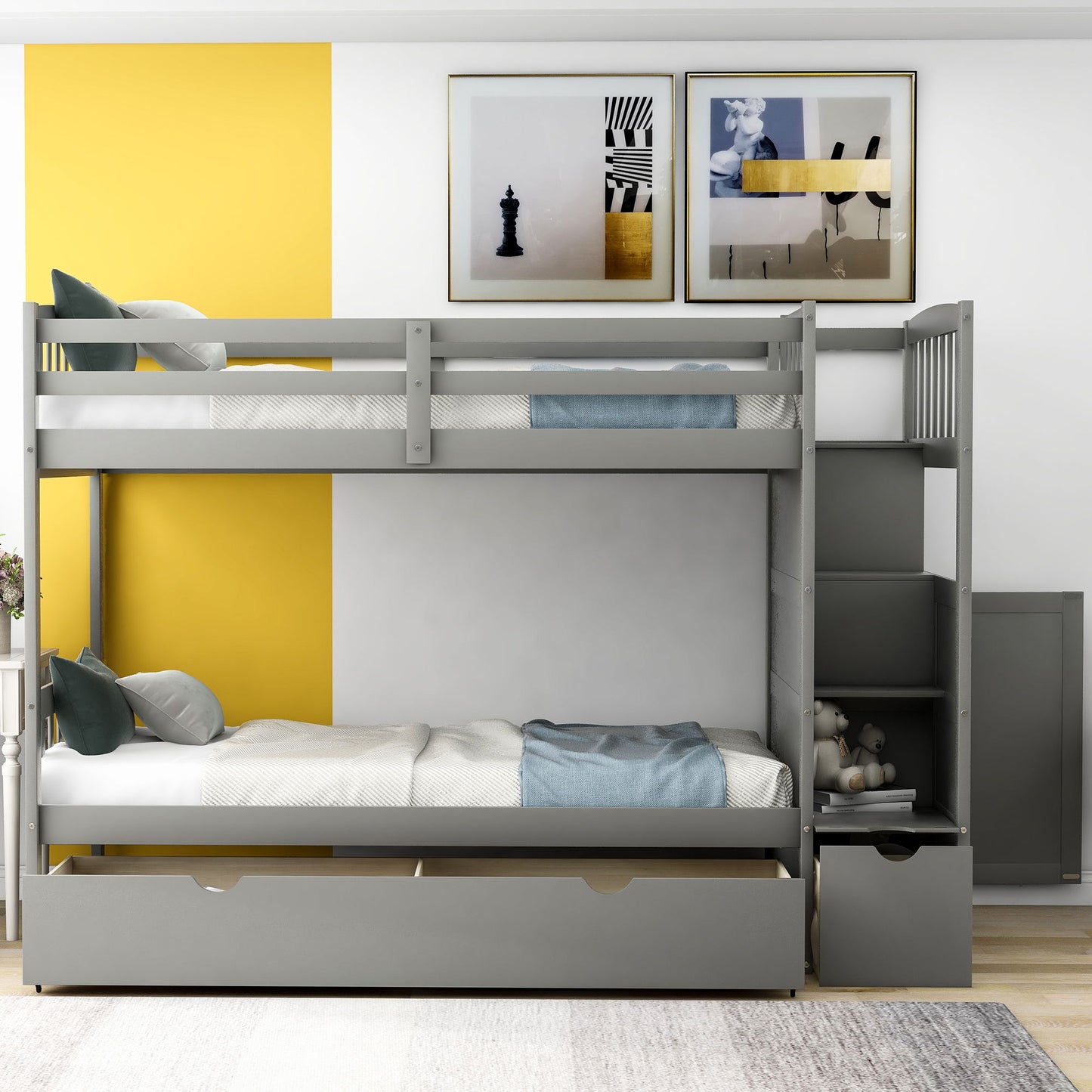 Twin Over Full / Twin Bunk Bed, Convertible Bottom Bed, Storage Shelves And Drawers - Gray