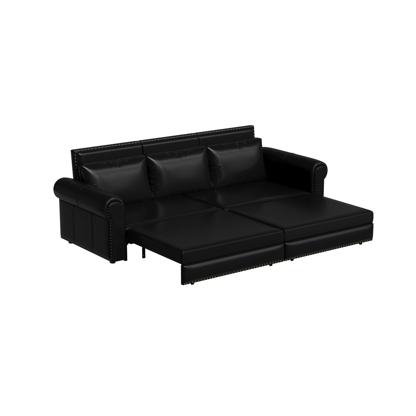 Pull Out Sofa Bed, 3 In 1 Faux Leather Convertible Sleeper Sofa With Nailhead Trim & Rolled Arm Multifunctional Sofa Bed For Living Room - Black