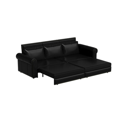 Pull Out Sofa Bed, 3 In 1 Faux Leather Convertible Sleeper Sofa With Nailhead Trim & Rolled Arm Multifunctional Sofa Bed For Living Room - Black