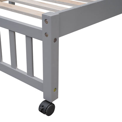 Twin Over Full Bunk Bed With 6 Drawers And Flexible Shelves, Bottom Bed With Wheels - Gray