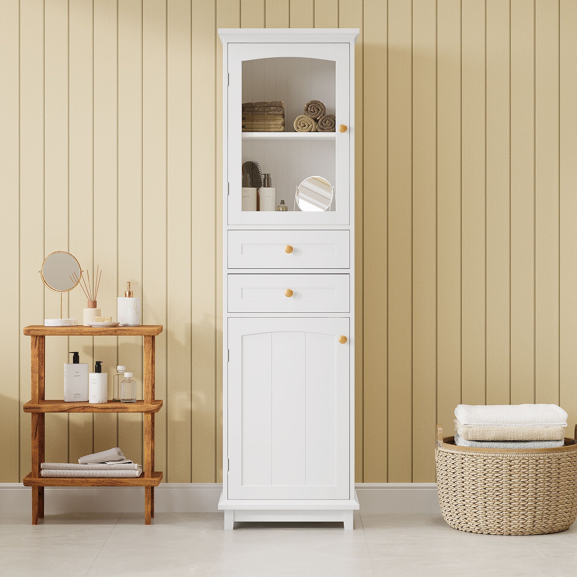 Tall Bathroom Storage Cabinet With Glass Doors, Free-Standing, Two Drawers, And Adjustable Shelves, MDF Board, Painted Perfect For Displaying Your Favorite Items - White