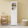 Tall Bathroom Storage Cabinet With Glass Doors, Free-Standing, Two Drawers, And Adjustable Shelves, MDF Board, Painted Perfect For Displaying Your Favorite Items - White