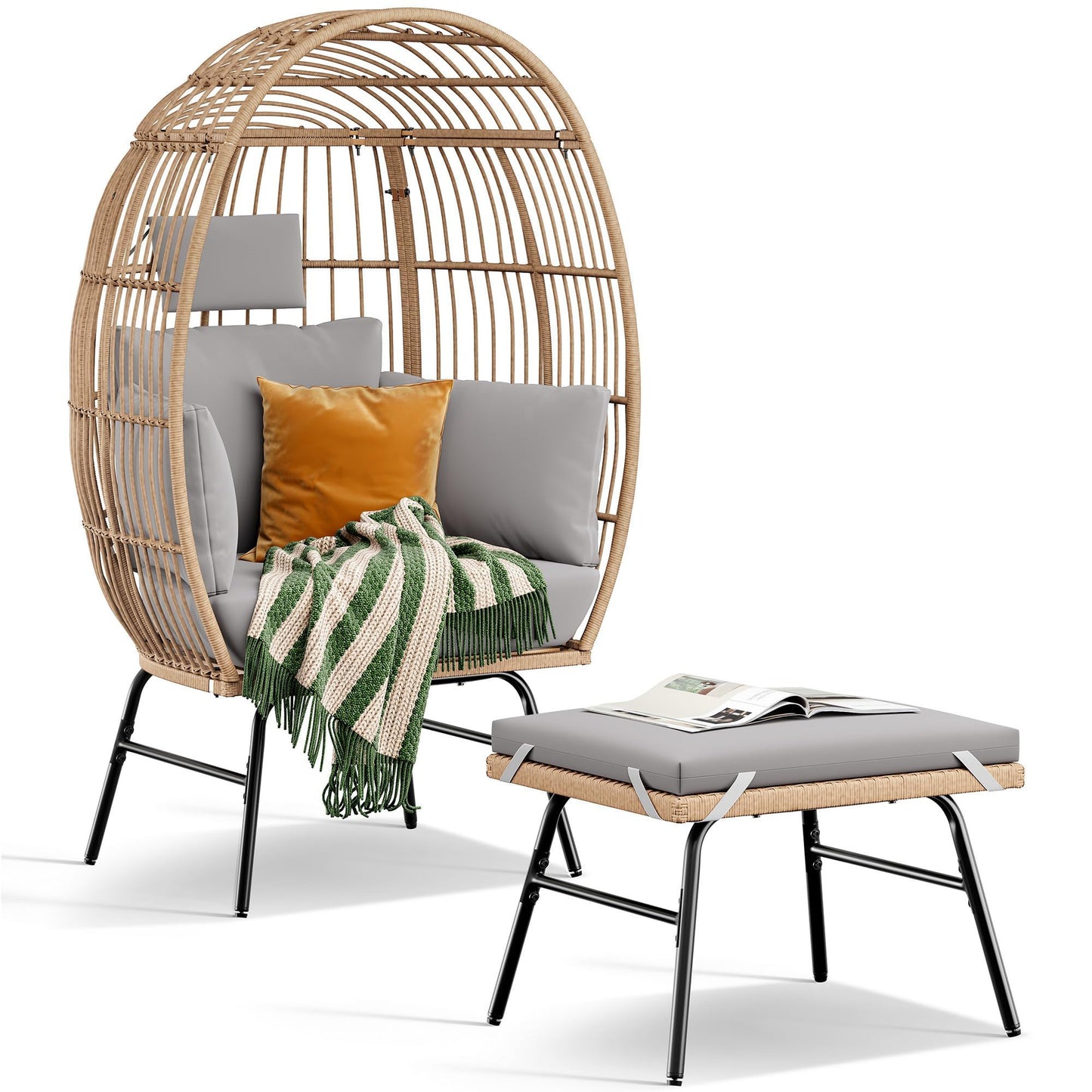 Outdoor Garden Wicker Egg Chair And Footstool Patio Chaise, With Cushions, Outdoor Indoor Basket Chair - Blue / Neutral