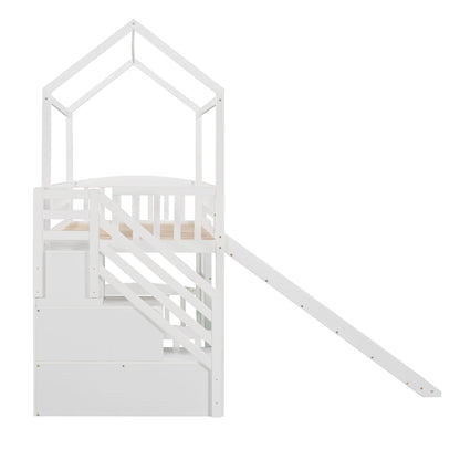 Twin Loft House Bed With 2 Drawers And Slide - White