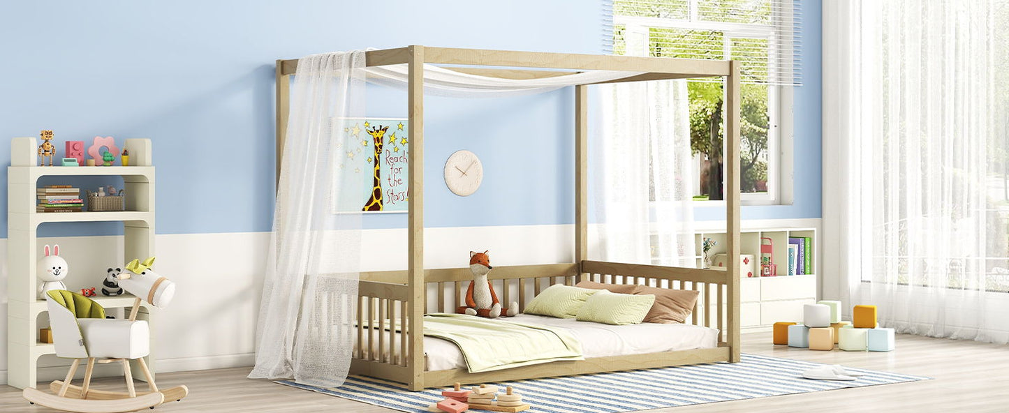 Full Size Canopy Frame Floor Bed With Fence, Guardrails - Natural