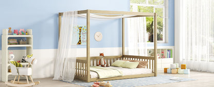 Full Size Canopy Frame Floor Bed With Fence, Guardrails - Natural