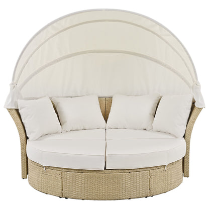 Outdoor Patio Daybed Wicker Rattan Double Daybed Round Sofa Furniture Set With Retractable Canopy, 4 Pillows For Lawn Garden Backyard Porch Pool - Beige