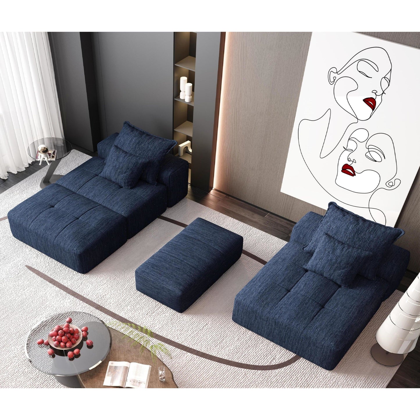 Modern Oversized Modular Sectional Sofa With Ottoman, Seat, Chaise Lounge And Armrest, Sparkling Chenille Fabric Soft Cushion Sofa With 4 Pillows, 4 Pieces Diy Combination Tufted Sofa, No Assembly Required - Blue