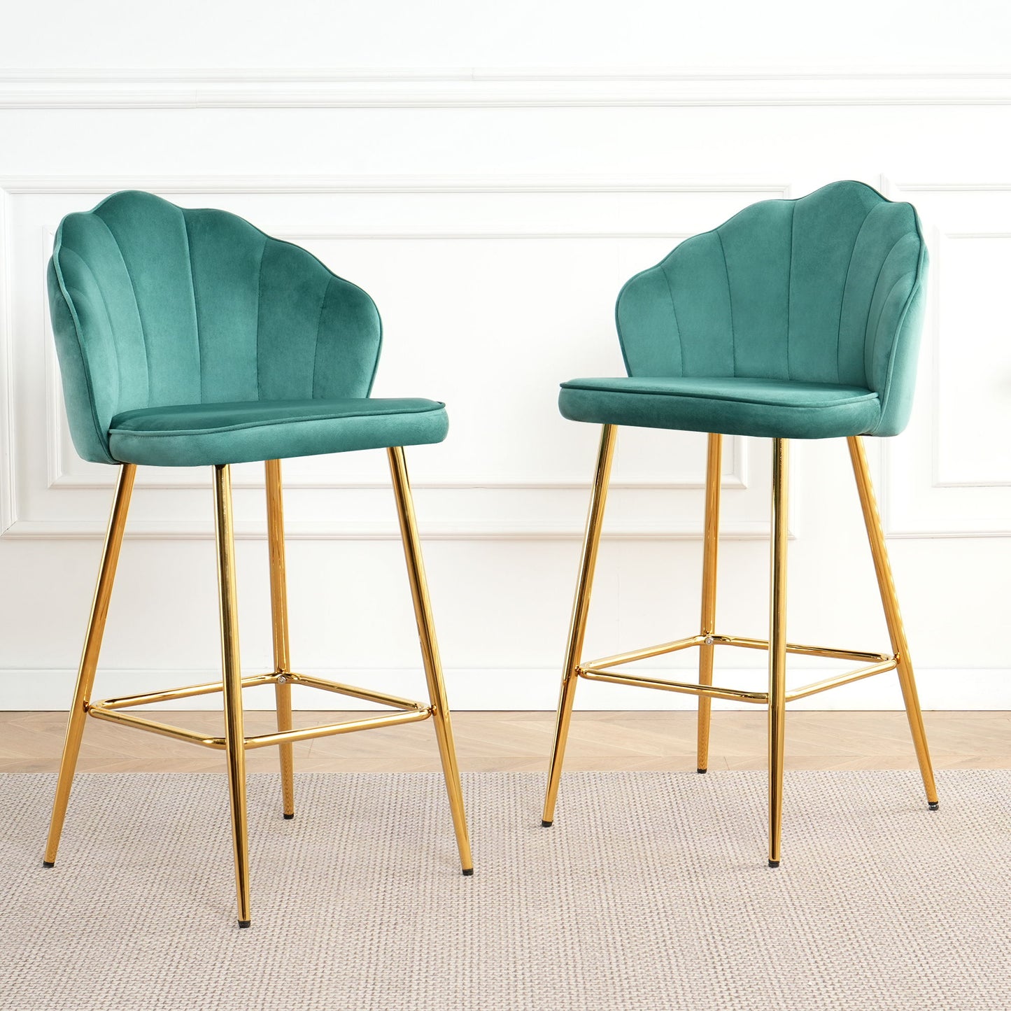 Shell Shape Velvet Bar Chair With Gold Plated Metal Legs (Set of 2) - Green