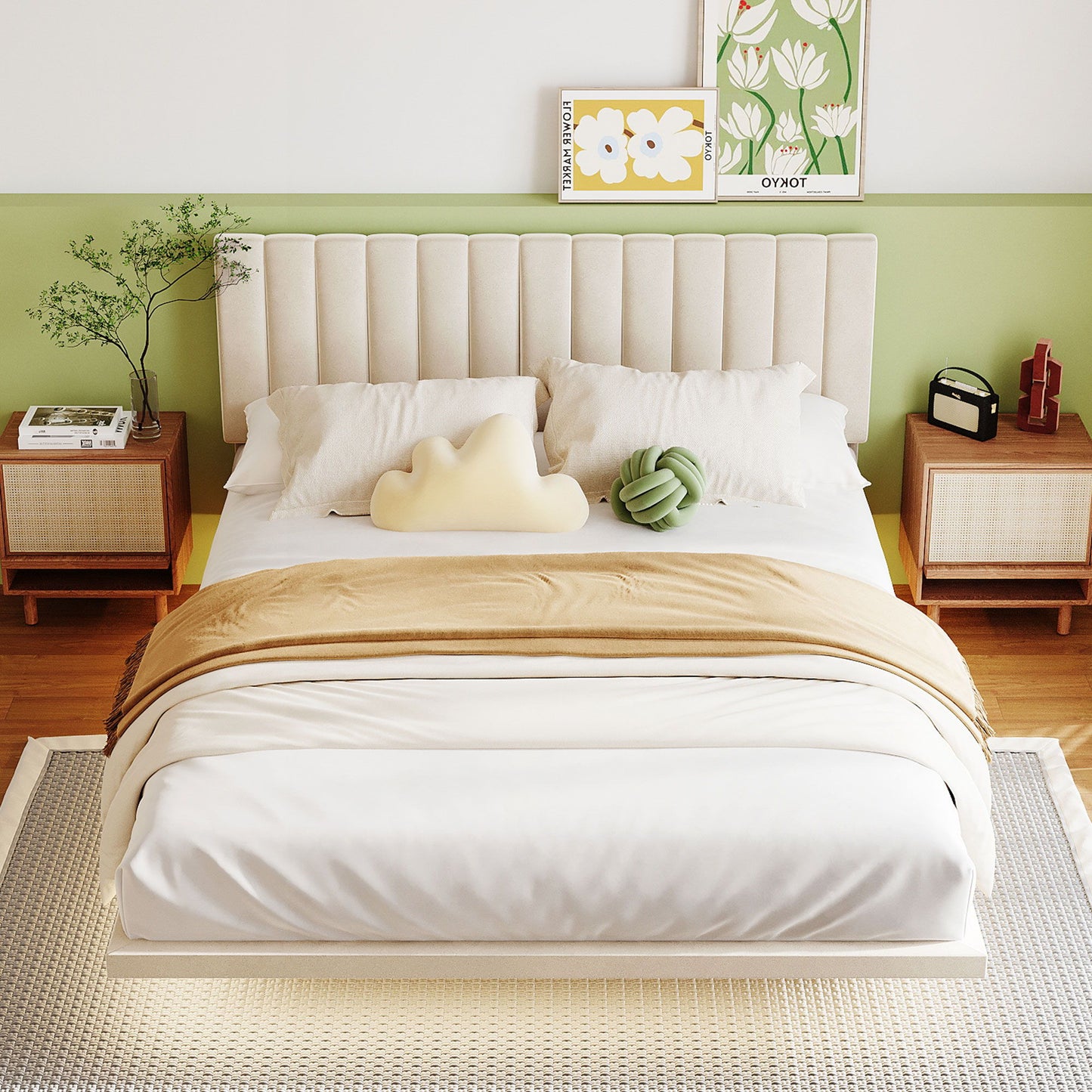 Queen Size Upholstered Bed With Sensor Light And Headboard, Floating Platform Bed - Beige