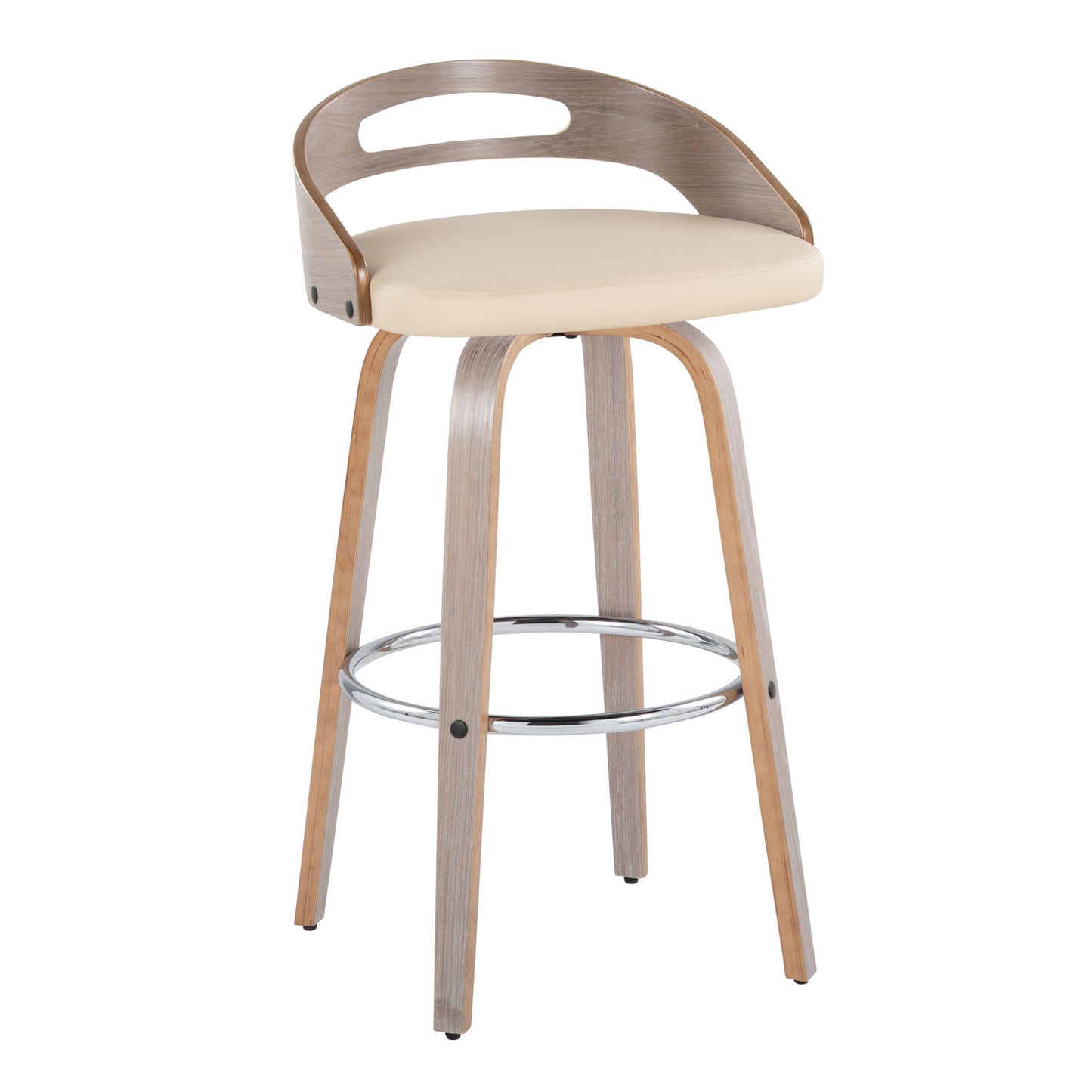 Cassis - Mid-Century Modern Fixed Height Barstool With Swivel With Round Footrest (Set of 2) - Light Gray / Cream