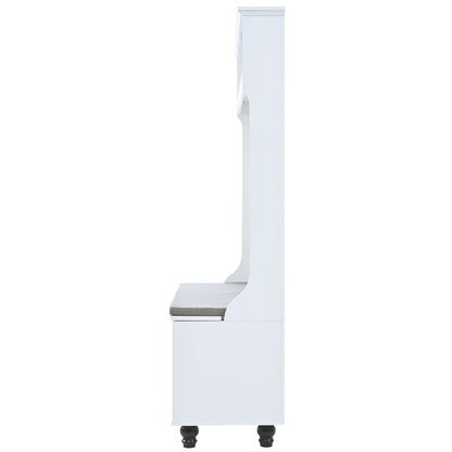 5 In 1 Entryway Bench With Shutter - Shaped Doors, Coat Rack, Cushion And 4 Sturdy Hooks, Wide Hall Tree With Storage Bench For Hallway, Entryway, Living Room - White
