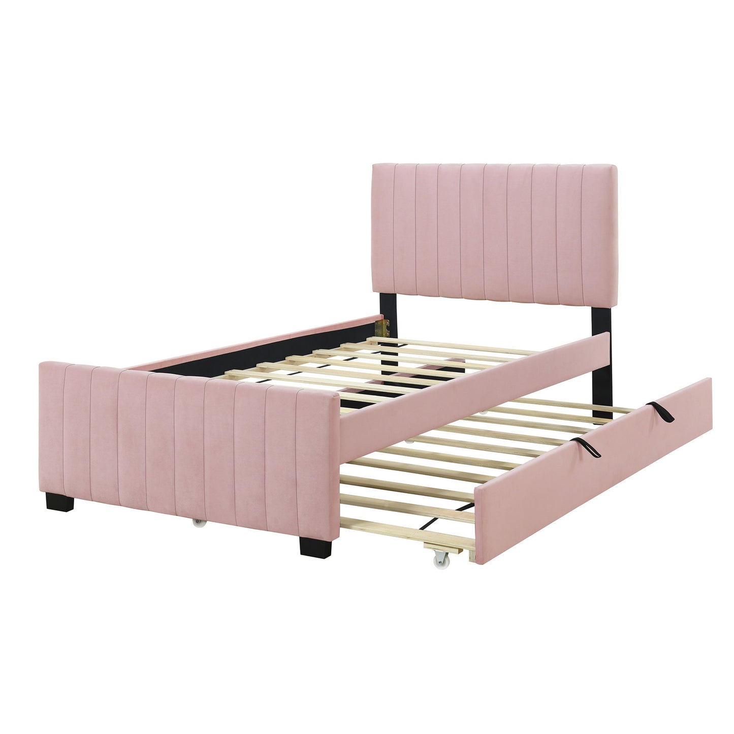 Twin Size Upholstered Platform Bed With Twin Size Trundle - Pink
