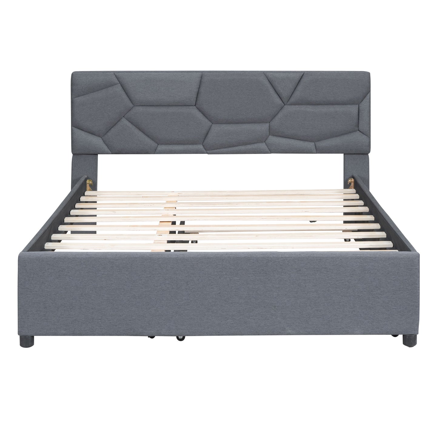 Queen Size Upholstered Platform Bed With Brick Pattern Headboard And Twin Long Size Trundle - Gray