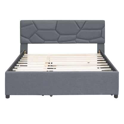 Queen Size Upholstered Platform Bed With Brick Pattern Headboard And Twin Long Size Trundle - Gray