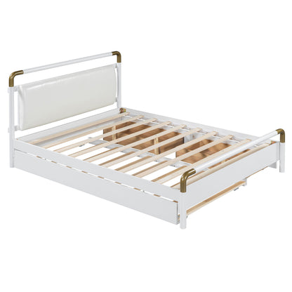 Queen Size Storage Platform Bed, With 2 Big Drawers, Twin Long Size Trundle - White