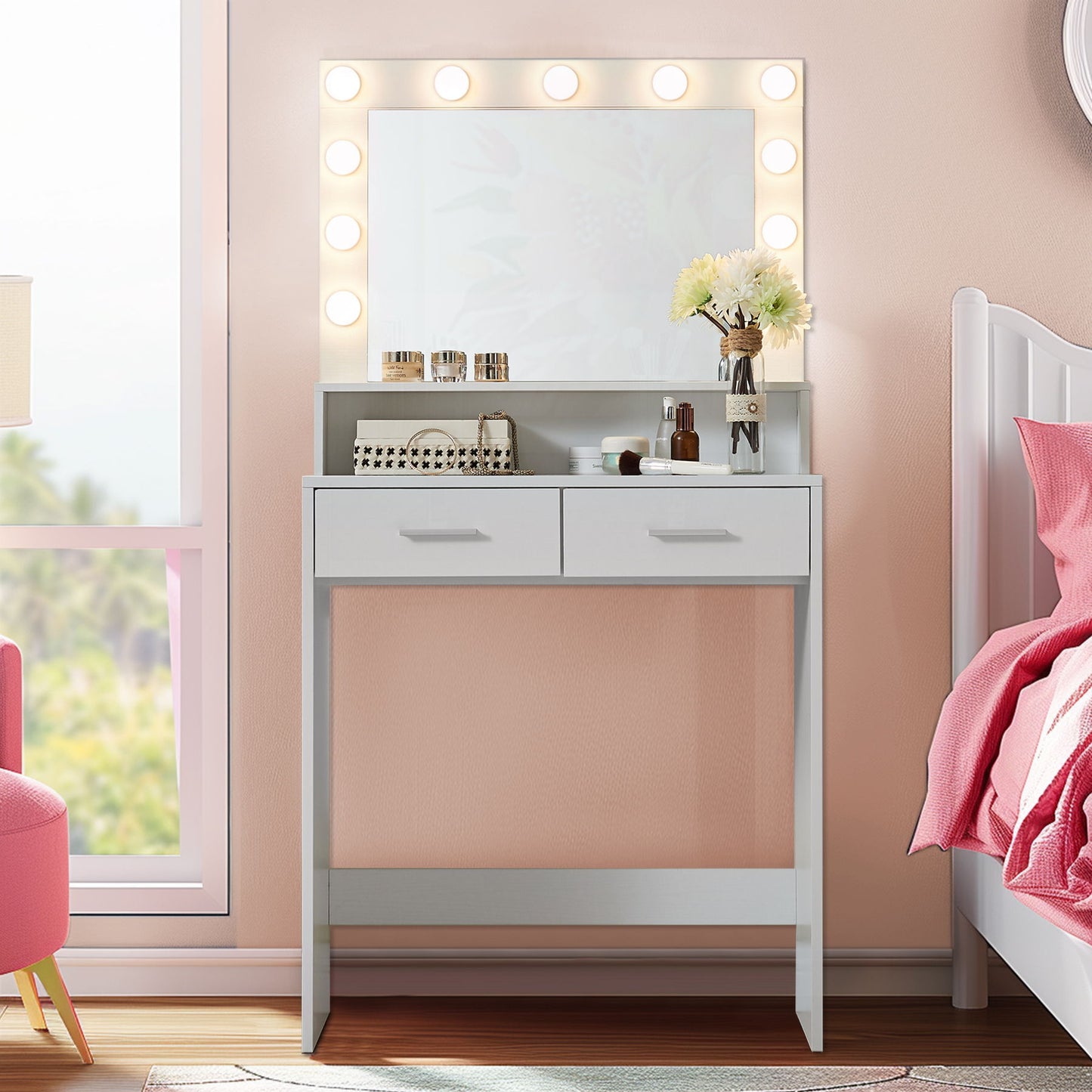 Vanity Desk With Mirror And Lights, Dressing Table With Large Drawer, 2 Level Storage Dresser & 3 Lighting Modes Adjustable Brightness, Suitable For Bedroom - White
