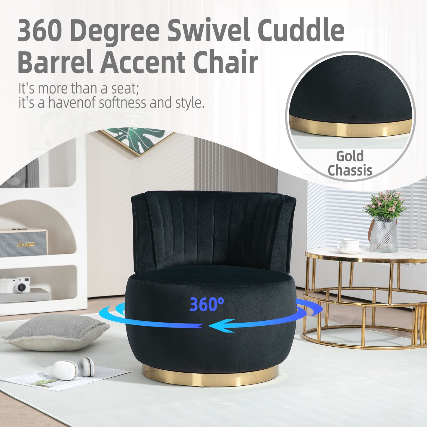 Coolmore - Swivel Barrel Chair, 360 Degree Round Armchair With Fluffy Velvet Upholstery For Living Room, Bedroom, Office - Black