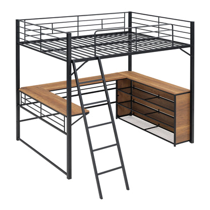 Full Size Loft Bed With 3 Layers Of Shelves And L-Shaped Desk - Black