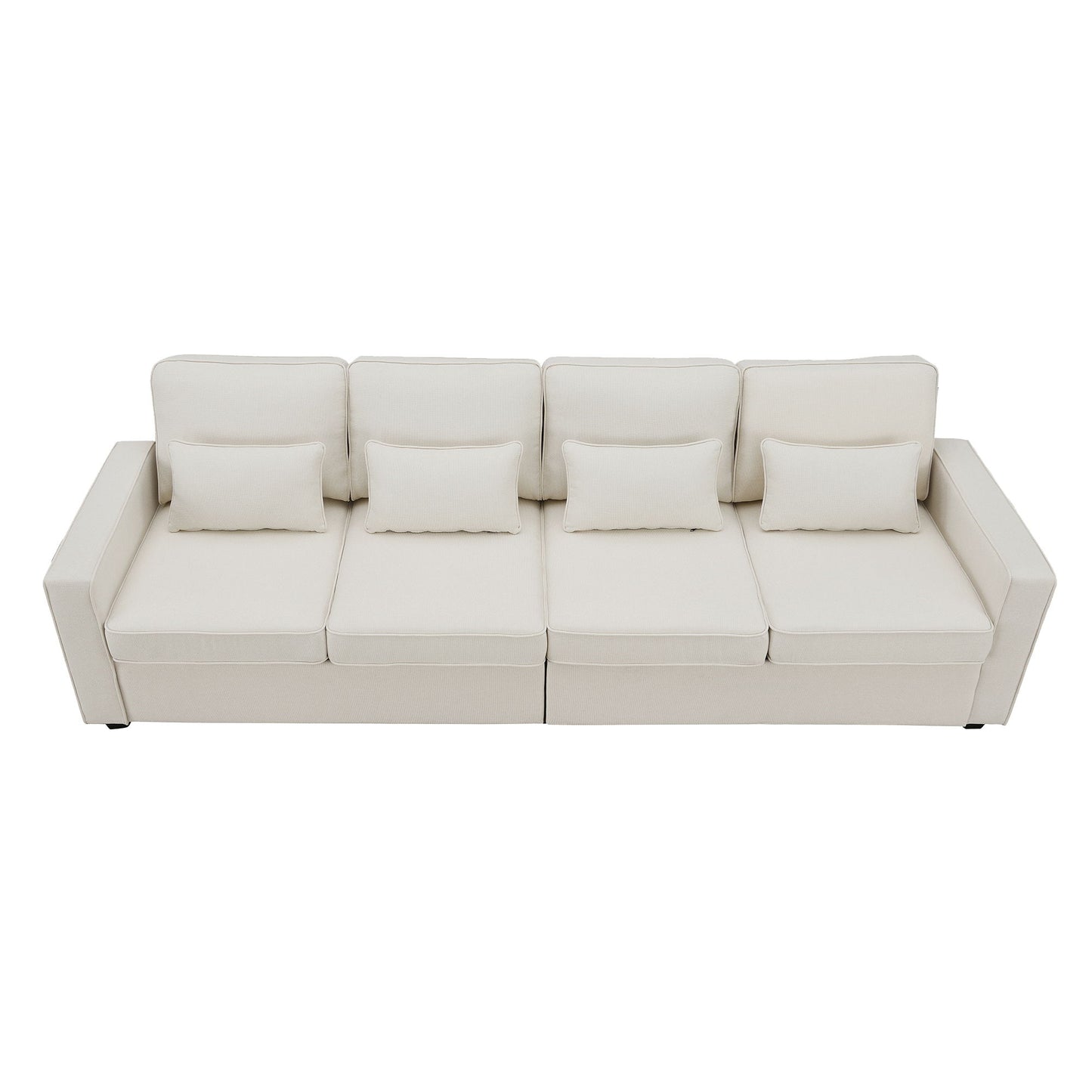 4 Seater Modern Linen Sofa With Armrest Pockets And 4 Pillows, Minimalist Style Couch - Beige