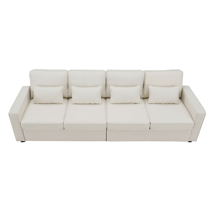 4 Seater Modern Linen Sofa With Armrest Pockets And 4 Pillows, Minimalist Style Couch - Beige