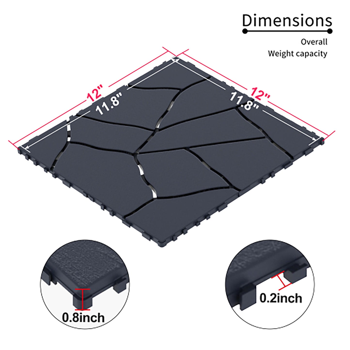 Stone Style Patio Deck Tiles Diy - Module Interlocking Decking Tiles Polypropylene 12" - Dark Gray