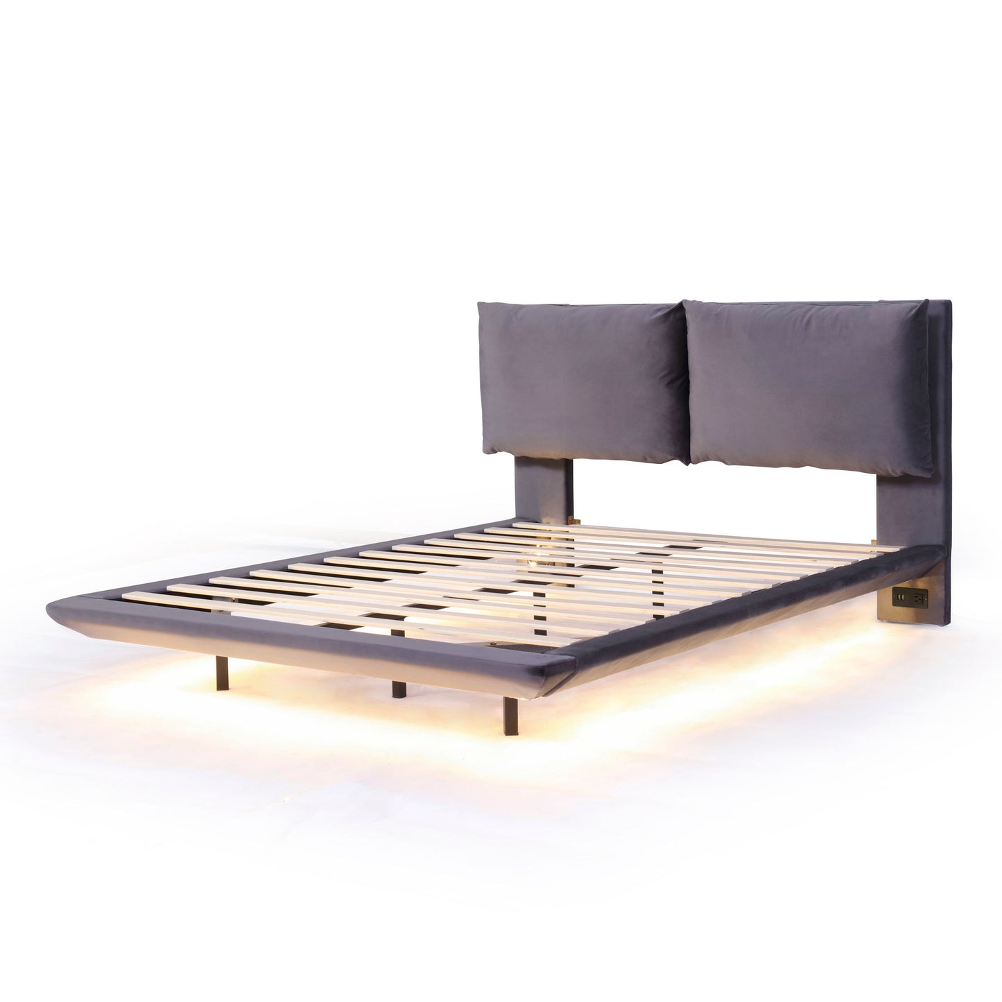 Queen Size Upholstered Platform Bed With Sensor Light And 2 Large Backrests, Stylish Platform Bed With 2 Sets Of USB Port And Socket On Each Rear Bed Leg - Gray