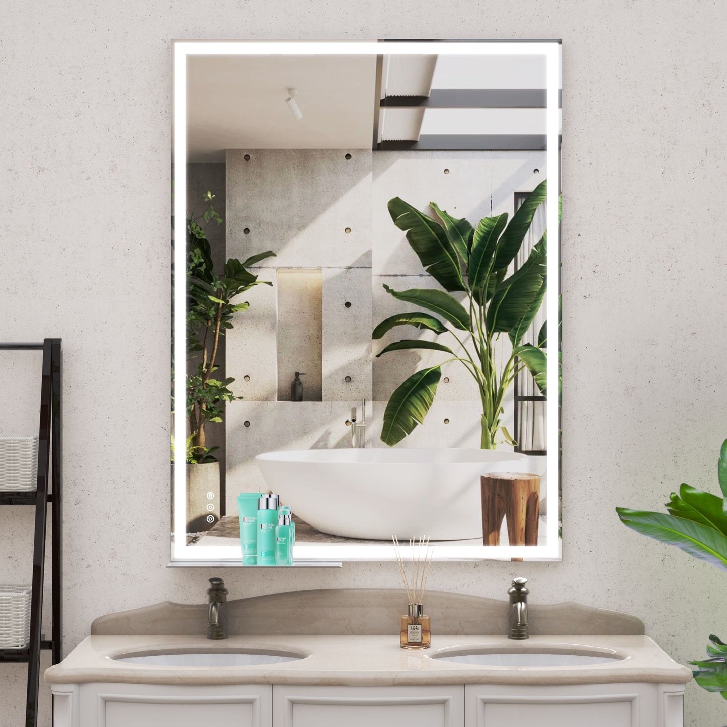 LED Bathroom Vanity Mirror Wall Mounted, Adjustable White / Warm / Natural Lights Anti-Fog Touch Switch With Memory Modern Smart Large Bathroom Mirrors - Silver