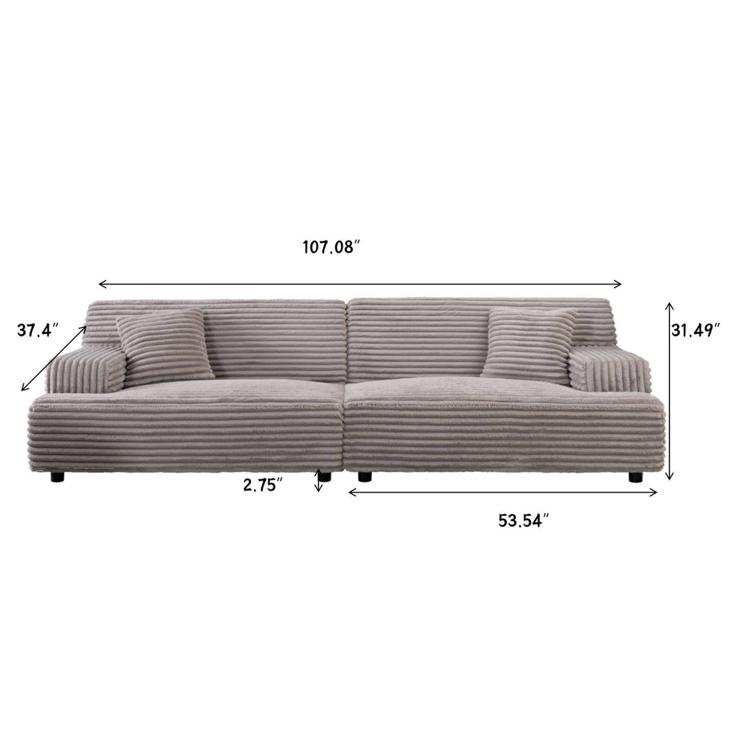 Modern 2291-G Sofa, Comfortable Cloud Sofa, Soft Plush Corduroy Interior With Square Armrests, Living Room Or Bedroom - Gray