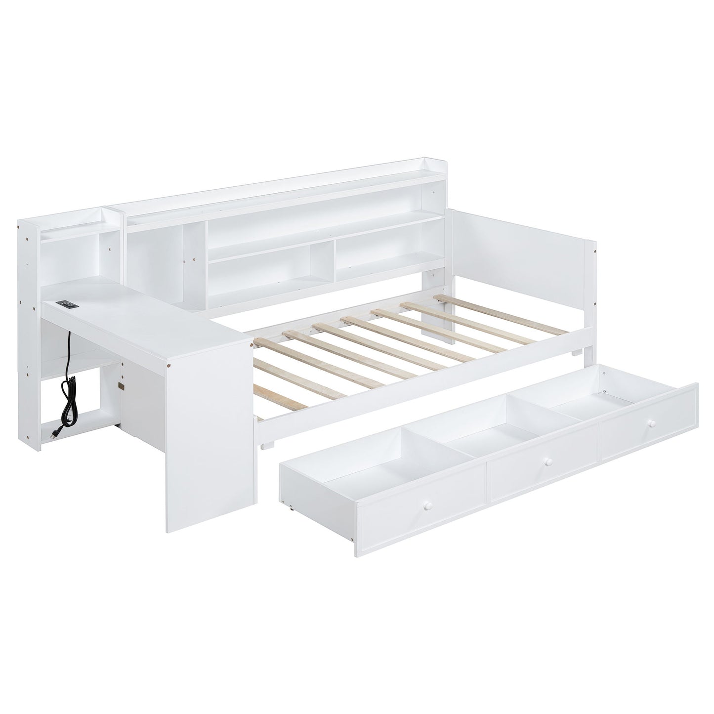 Twin Size Daybed With 3 Drawers USB Ports And Desk - White