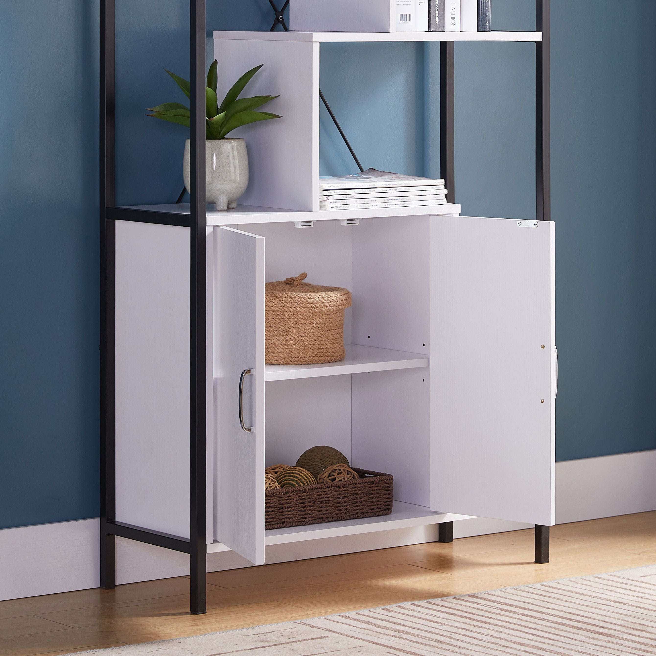 Six Shelf Modern Bookcase With Two Door Storage Cabinet With Two Shelves - White / Black