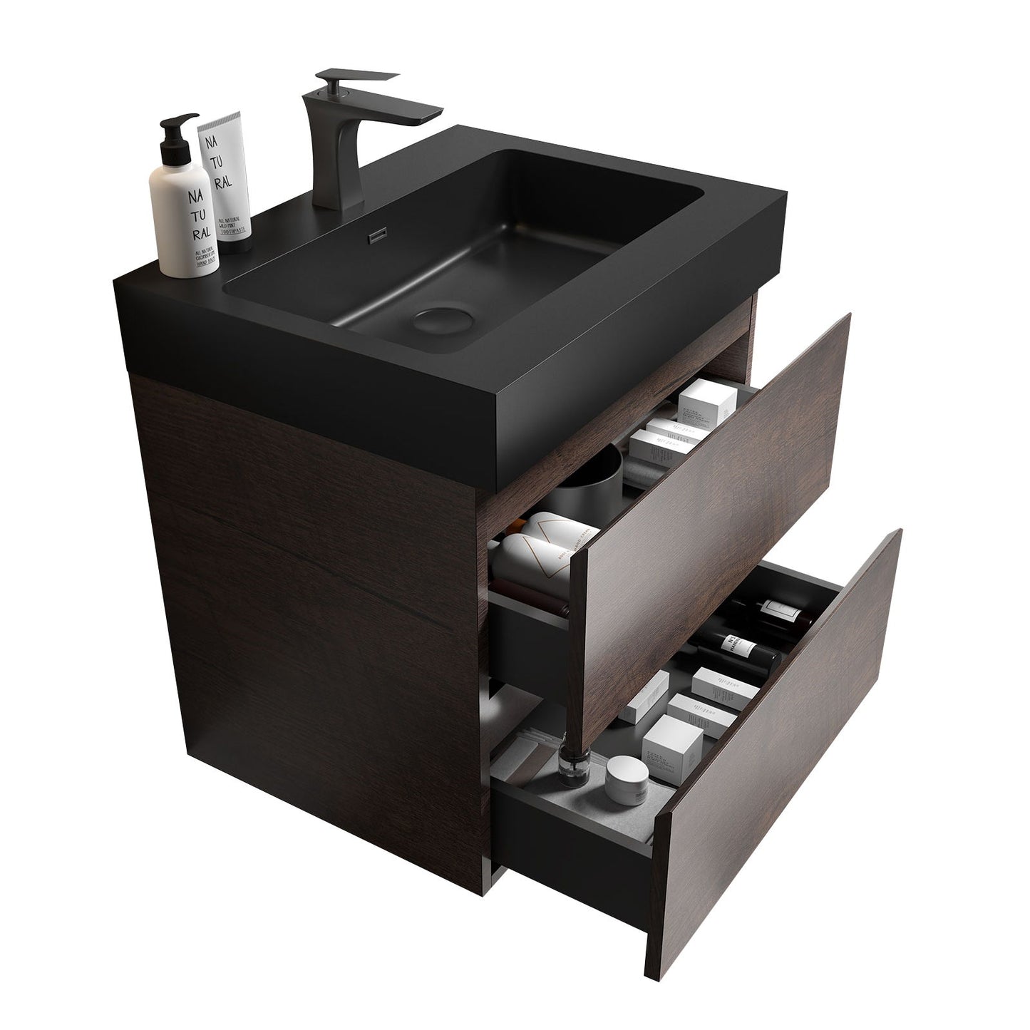 Alice - 24" Bathroom Vanity With Sink, Large Storage Wall Mounted Floating Bathroom Vanity For Modern Bathroom, One-Piece Sink Basin Without Drain And Faucet - Walnut / Black