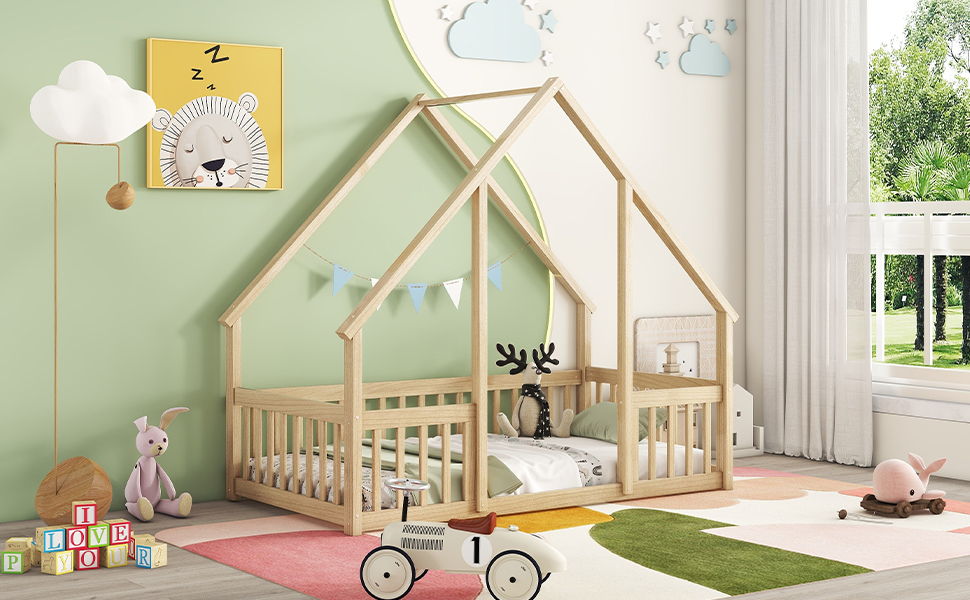 Twin Wood House-Shaped Floor Bed With Fence, Guardrails - Natural