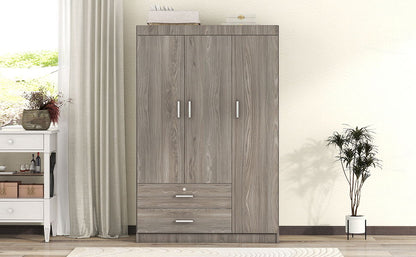 3 Door Wardrobe With 2 Drawers, Grain Effect - Gray