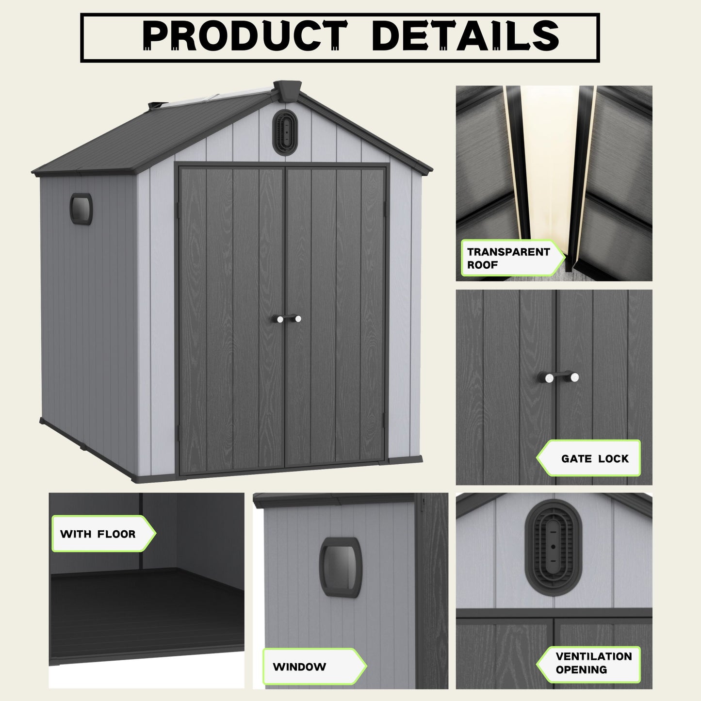 Xwt012 Plastic Storage Shed For Backyard Garden Big Spire Tool Storage - Black / Gray