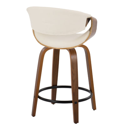 Curvini Mid-Century Modern Fixed Height Counter Stool With Swivel With Round Footrest (Set of 2) - Walnut / Cream
