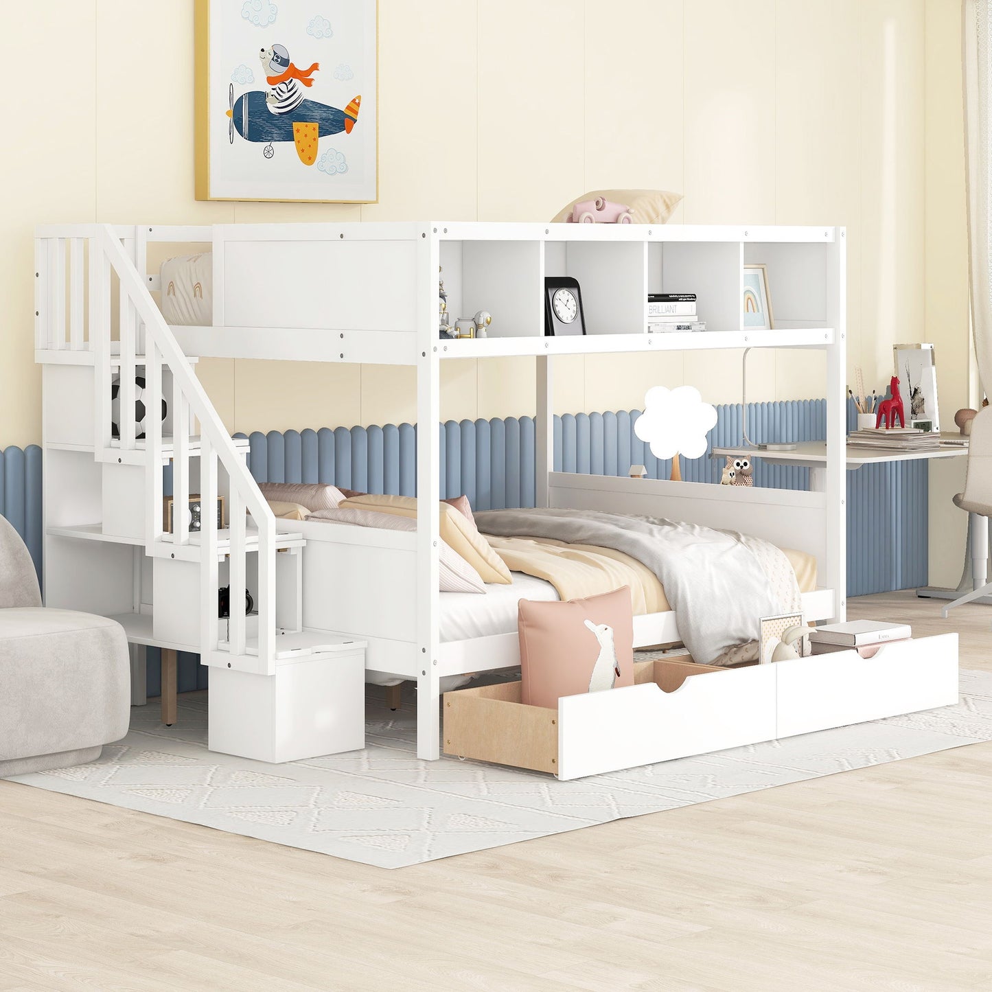 Twin Over Full Bunk Bed With Shelfs, Storage Staircase And 2 Drawers - White