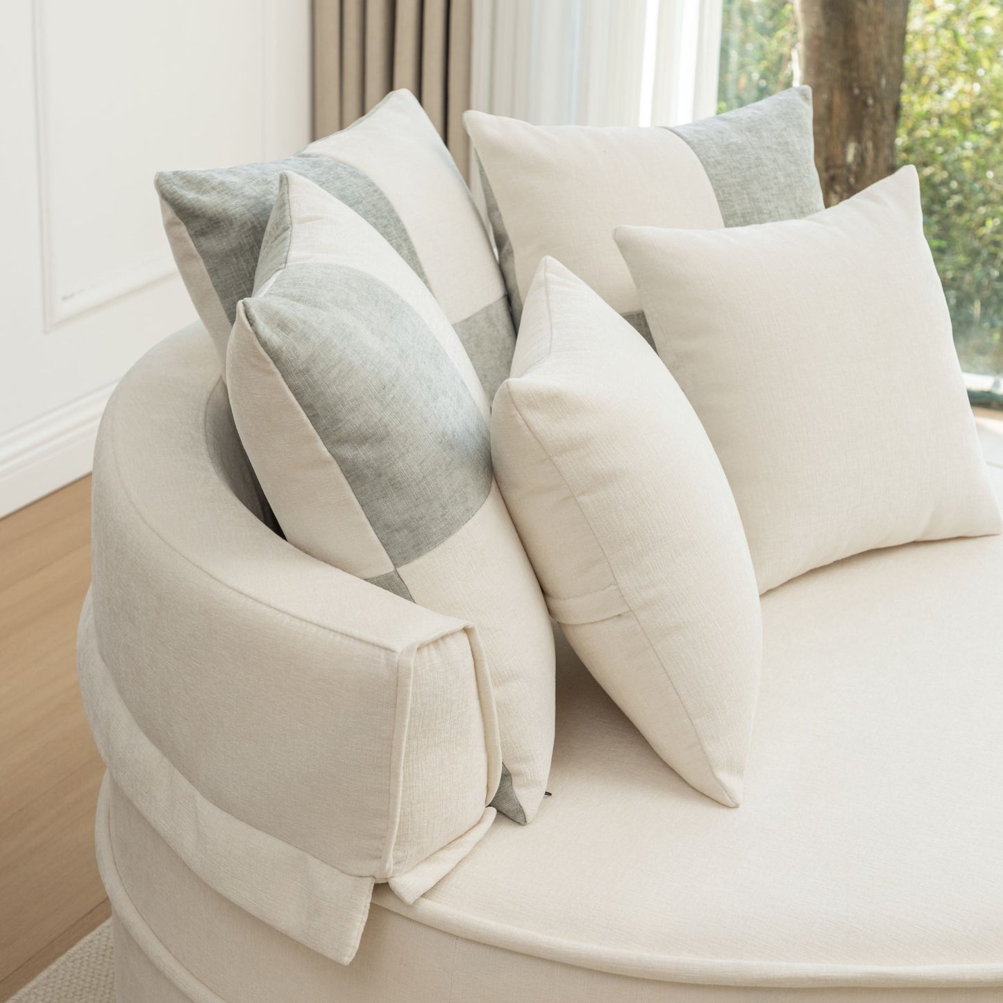 Modern Oversized Round Barrel Accent Chair With Ottoman Velvet Upholstered Lounge Armchair With 5 Pillows For Living Room Or Bedroom - Beige