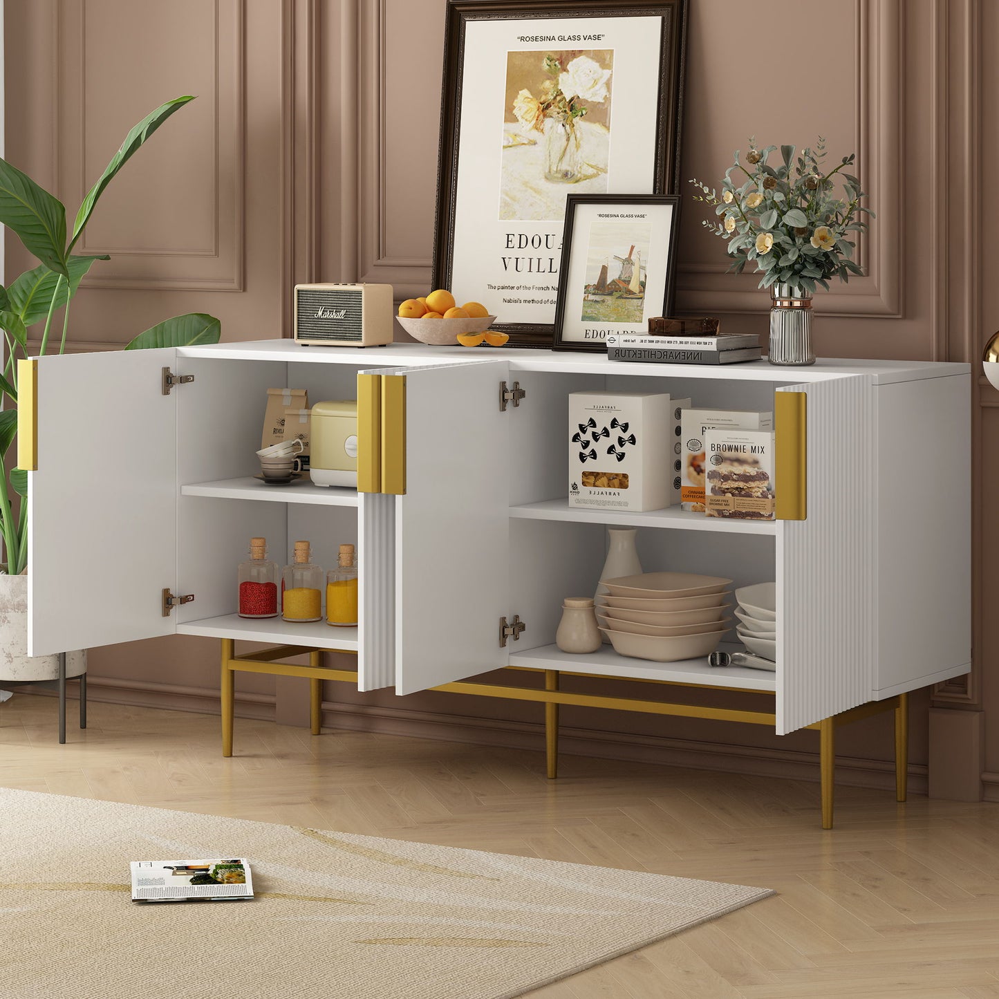 Modern Elegant 4 Door Sideboard Gold Metal Handle Buffet Cabinet For Dining Room, Living Room, Bedroom, Hallway - White