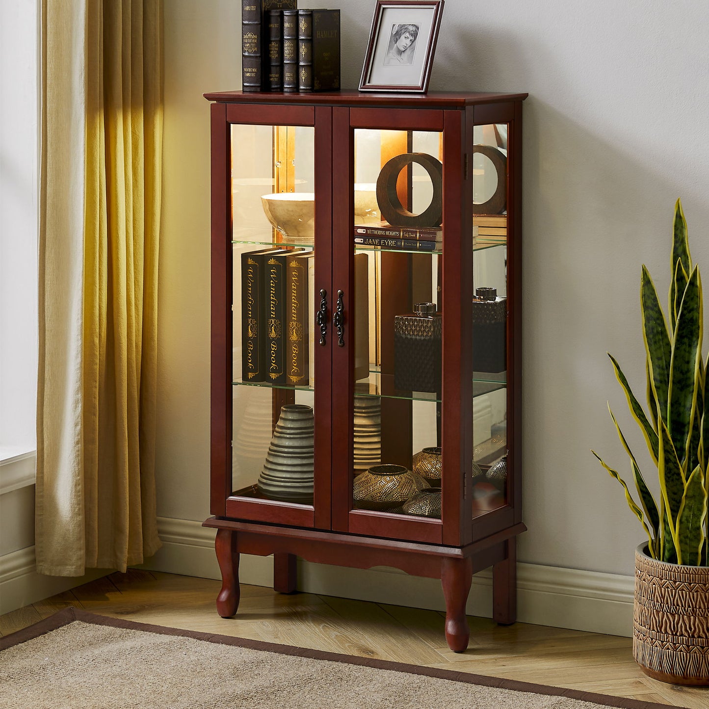 Curio Cabinet Lighted Curio Diapaly Cabinet With Adjustable Shelves And Mirrored Back Panel, Tempered Glass Doors 3 Tier, (E26 Light Bulb Not Included) - Cherry