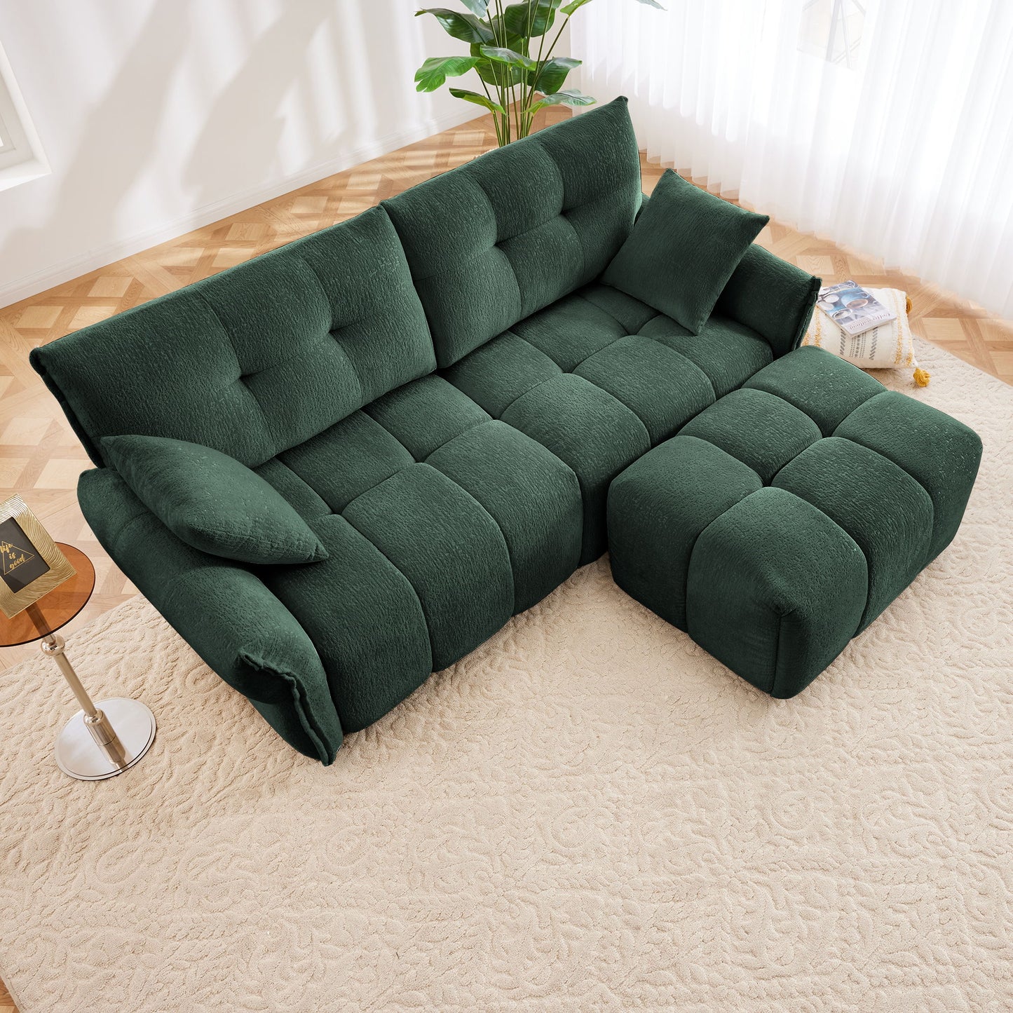 Modern Fabric 2 Seater Sofa With Ottoman Minimalist Design - Green