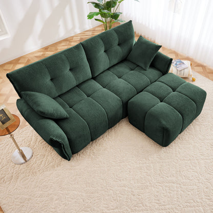 Modern Fabric 2 Seater Sofa With Ottoman Minimalist Design - Green