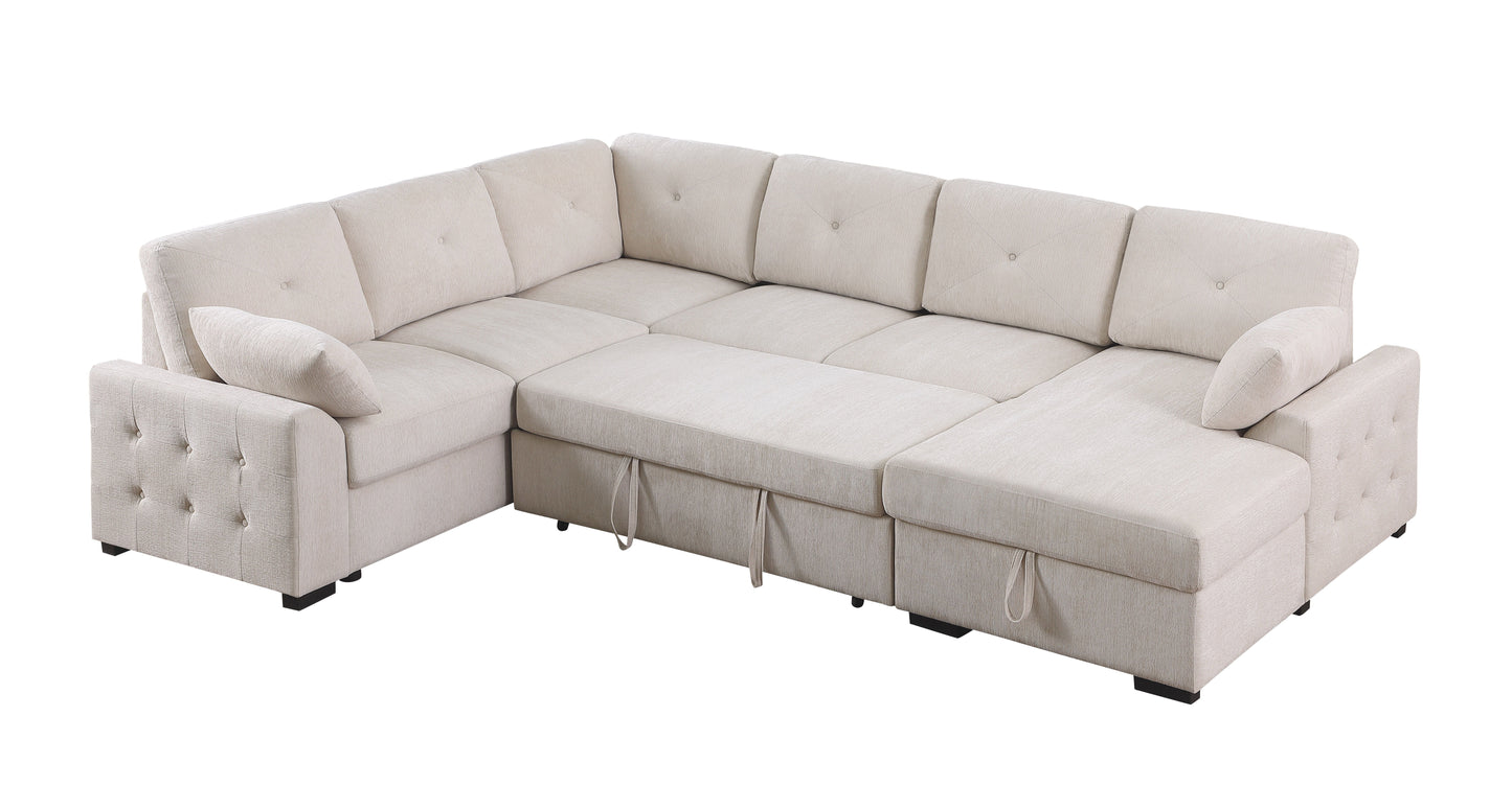 Nyhan - Upholstered Corner Sectional With Pull Out Loveseat And Storaged Chaise - Beige