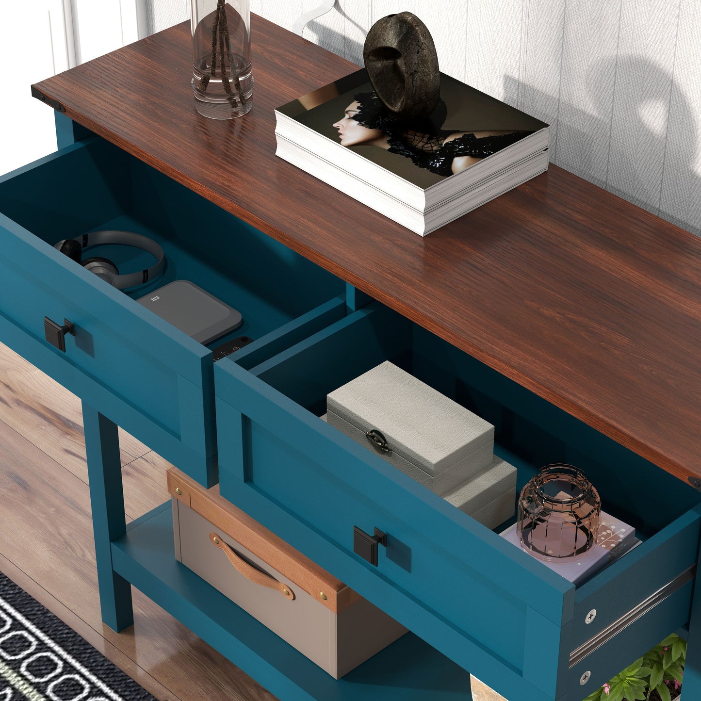 Farmhouse Style Console Table With 2 Drawers And Bottom Storage Shelf, Pagoda - Blue