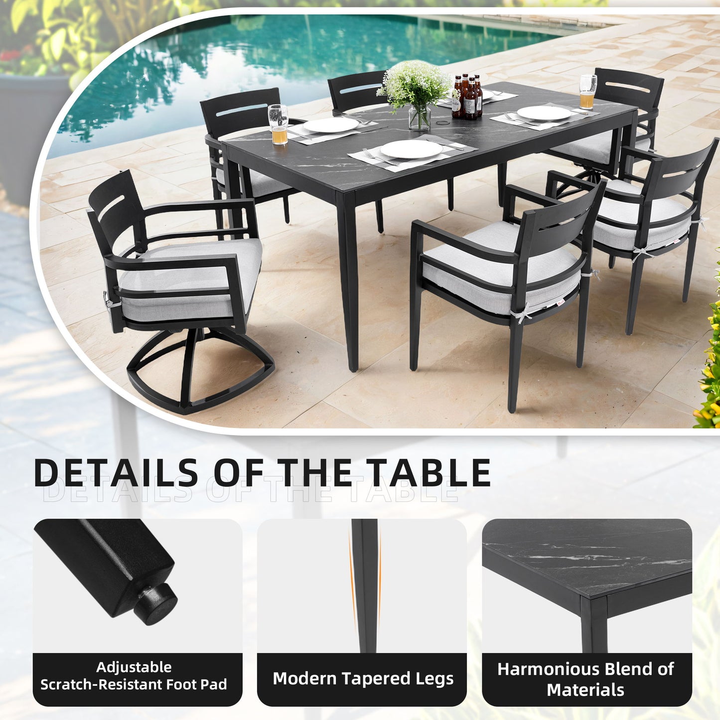7 Pieces Modern Outdoor Patio Dining Set, Rectangular Table, 4 Chairs & 2 Swivel Rockers, Sunbrella Cushions - Ember Black