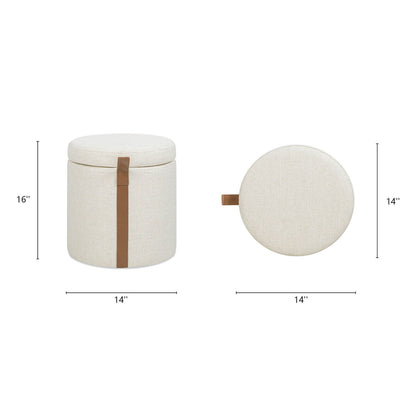 Brandy - Round Upholstered Storage Ottoman With Leather Accent - Flax White