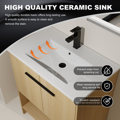 Modern 30" Bathroom Vanity With Ceramic Sink, Freestanding Cabinet, 2 Soft Closing Doors - Oak