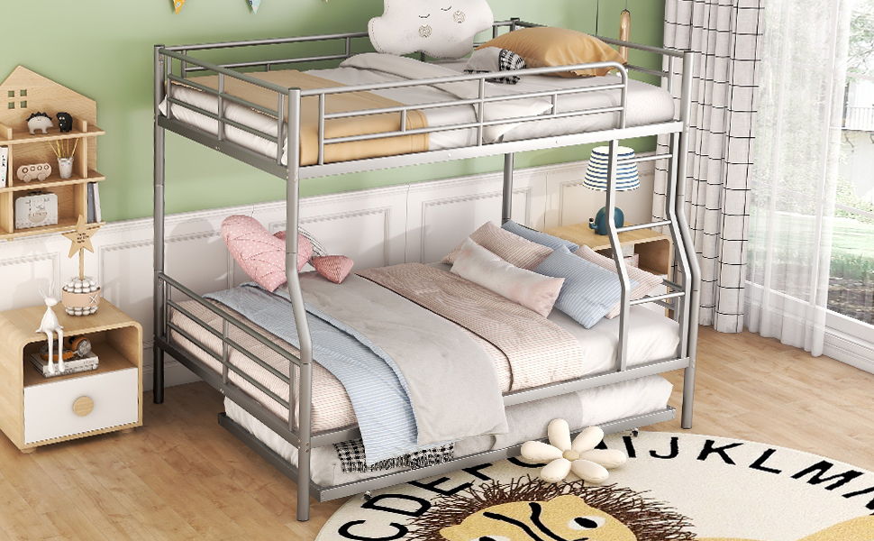Full Long Over Queen Metal Bunk Bed With Trundle - Silver