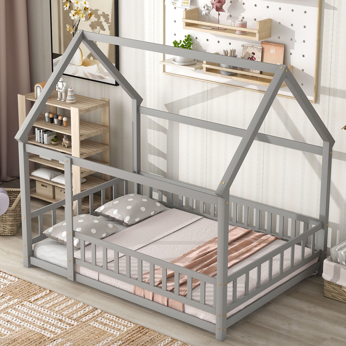 Full Size Floor Wooden Bed With House Roof Frame, Fence Guardrails - Gray